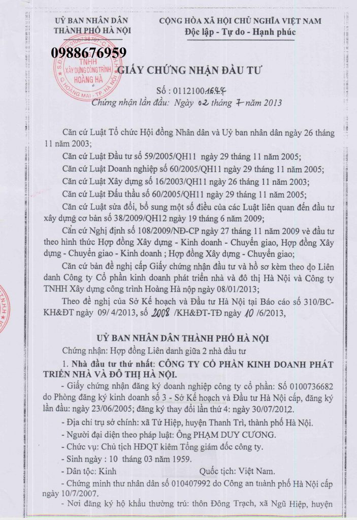 Giấy chứng nhận chủ đầu tư Đại Kim Định Công